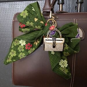Green Floral Bow Keychain Accessory With Jeweled Mini Purse Accessory